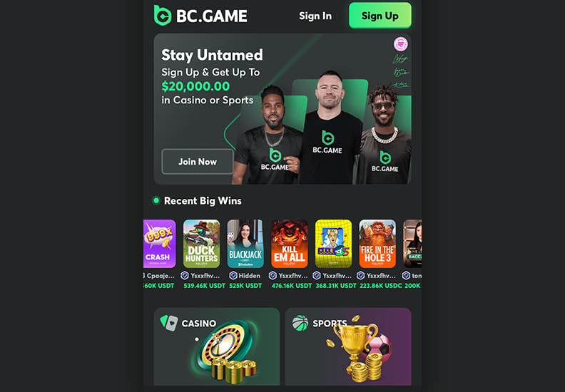 Skjermdump av BCGames speildomene, bcgame.top. Alt fungerer som det skal.