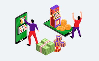 Spilleautomat inne i bærbar PC med penger og kasinosjetonger