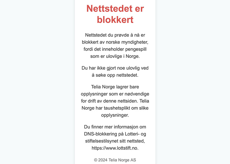 Skjermdump av DNS-blokkering av bc.game via norsk IP.