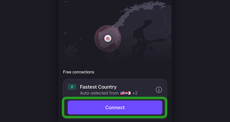 Skjermdump av ProtonVPNs gratisversjon på iPhone.