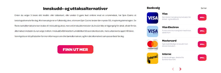 Spin Casino betalingsmuligheter