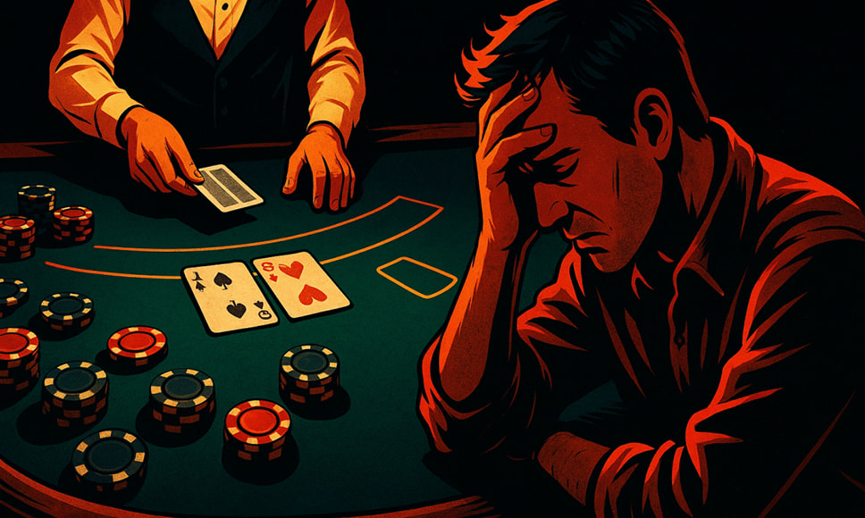 En mann sitter lutet over blackjack-bordet med hodet mot bordflaten.