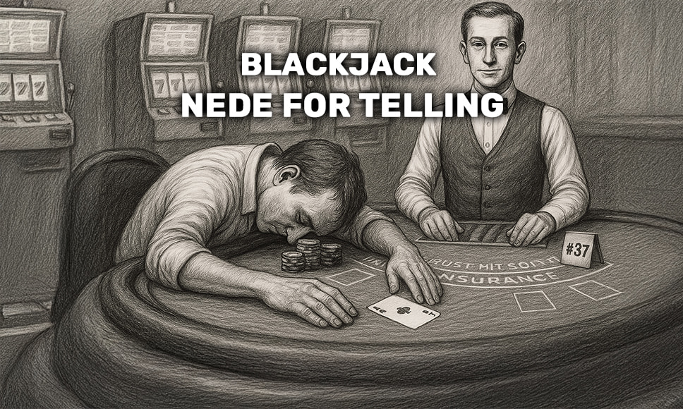 En mann sitter lutet over blackjack-bordet med hodet mot bordflaten, tydelig slått ut. Dealer står bak ham med nøytralt uttrykk. Teksten BLACKJACK NEDE FOR TELLING står over scenen.