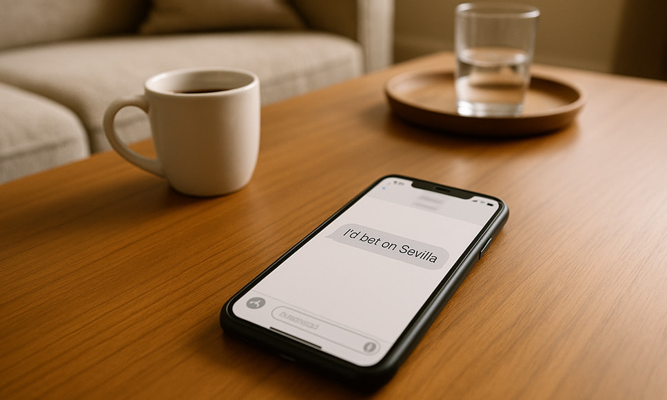 En smarttelefon ligger på et trebord og viser en SMS med teksten «I’d bet on Sevilla». Ved siden av står en hvit kaffekopp, og i bakgrunnen et glass vann på et lite rundt brett.