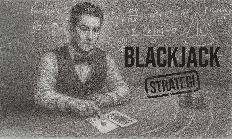 Blyanttegnet mann ved blackjack-bord peker på kort, omgitt av formler og teksten «BLACKJACK STRATEGI».
