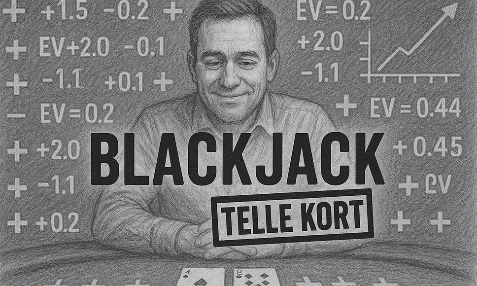 Illustrasjon i svart-hvitt av en mann ved blackjackbordet med teksten BLACKJACK TELLE KORT. Rundt ham svever pluss- og minusverdier, EV-beregninger og en stigende graf, som symboliserer korttelling og beregning av forventet verdi (EV) i blackjack. På bordet ligger en ess og en nier.