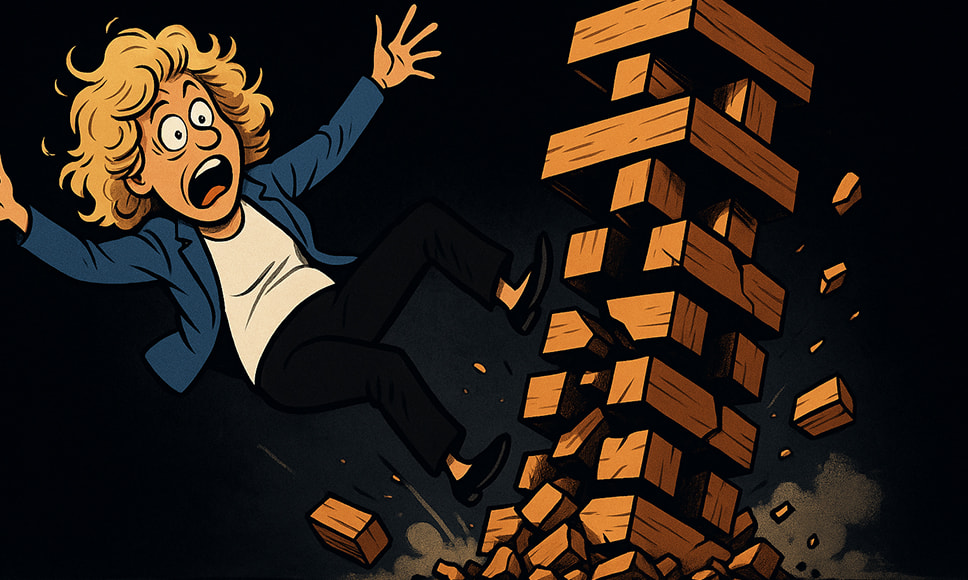 Karikatur av en blond kvinne i 50-årene med krøllete hår som faller overrasket fra et kollapsende Jenga-lignende monopoletårn; treblokker og støv fyker rundt på en mørk bakgrunn.