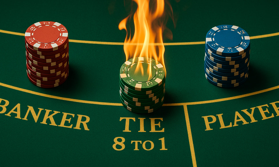 Close-up av et baccarat-bord som viser Banker, Player, og Tie. Banker og Player har fine stabler med sjetonger, mens sjetongene på Tie brenner.