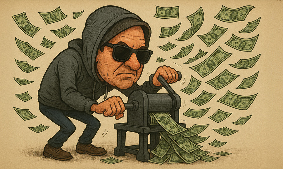 Karikert illustrasjon av en mann med hettegenser og solbriller som strever med å sveive en pengepresse mens sedler flyr ut, symboliserer bonus-horing og den tidlige æraen med casinobonuser på nett.