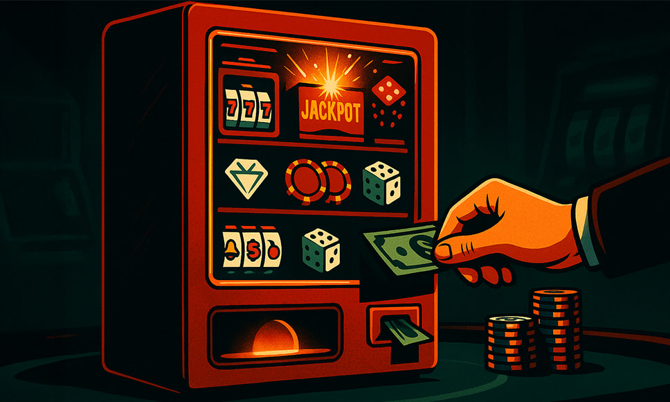 En digital illustrasjon av en spilleautomat som ser ut som en salgsautomat. Automaten inneholder symboler som 777, "Jackpot", sjetonger, terninger og frukt. En hånd putter en pengeseddel inn i automaten, og noen stabler med sjetonger står på bordet. Bildet har sterke kontraster, varme farger og mørk bakgrunn som gir et dramatisk uttrykk.